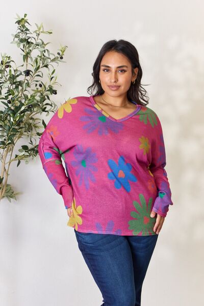 Floral V-Neck Long Sleeve Top in MagentaTopHOPELY