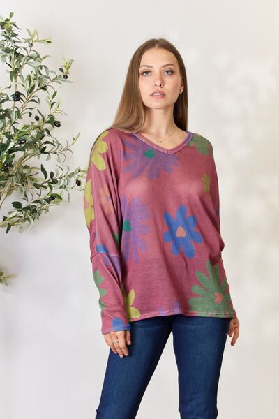 Floral V-Neck Long Sleeve Top in MagentaTopHOPELY