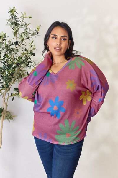 Floral V-Neck Long Sleeve Top in MagentaTopHOPELY