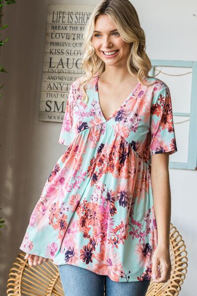 Floral V-Neck Short Sleeve Babydoll Blouse in MintBlouseHeimish