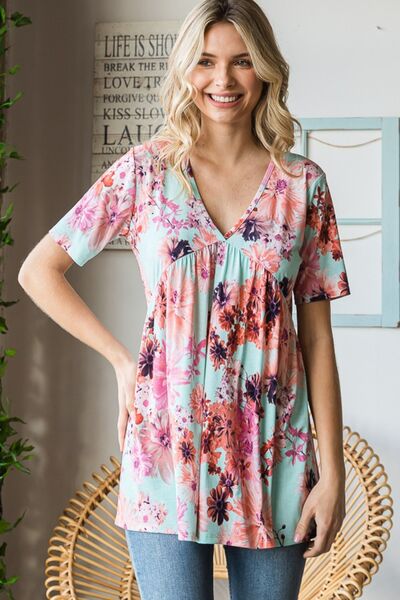 Floral V-Neck Short Sleeve Babydoll Blouse in MintBlouseHeimish