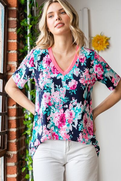 Floral V-Neck Short Sleeve T-Shirt in Navy/Neon PinkT-ShirtHeimish