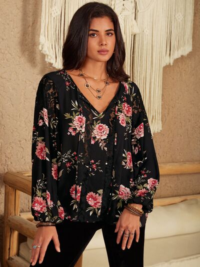 Flower Print Tie Neck Long Sleeve Blouse in BlackBlouseBeach Rose Co.