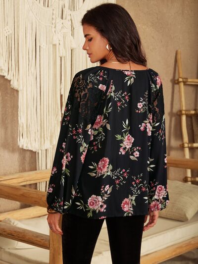 Flower Print Tie Neck Long Sleeve Blouse in BlackBlouseBeach Rose Co.