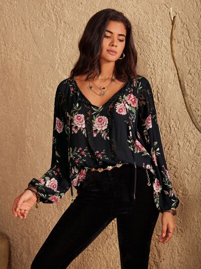 Flower Print Tie Neck Long Sleeve Blouse in BlackBlouseBeach Rose Co.