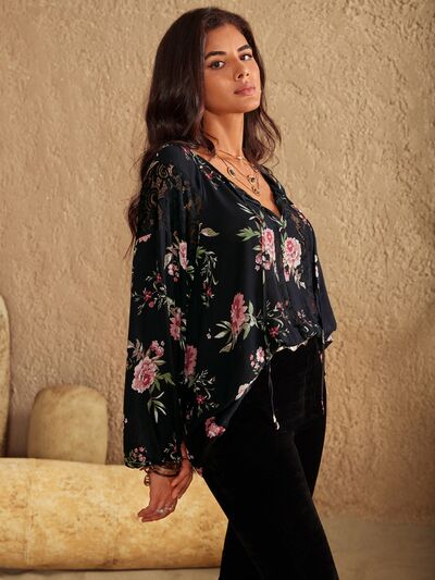 Flower Print Tie Neck Long Sleeve Blouse in BlackBlouseBeach Rose Co.