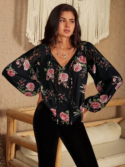 Flower Print Tie Neck Long Sleeve Blouse in BlackBlouseBeach Rose Co.