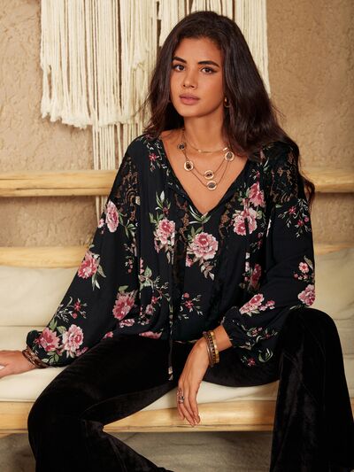 Flower Print Tie Neck Long Sleeve Blouse in BlackBlouseBeach Rose Co.