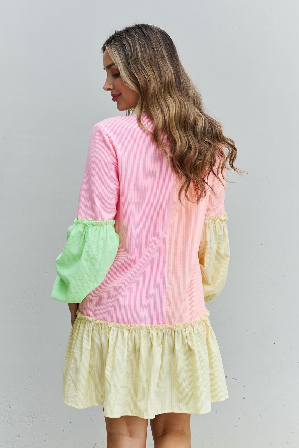 Color Block Long Sleeve Mini Shirt Dress in Neon MultiMini DressDavi & Dani