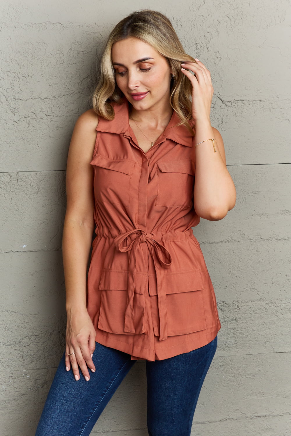 Follow The Light Sleeveless Collared Button Down TopTopNinexis