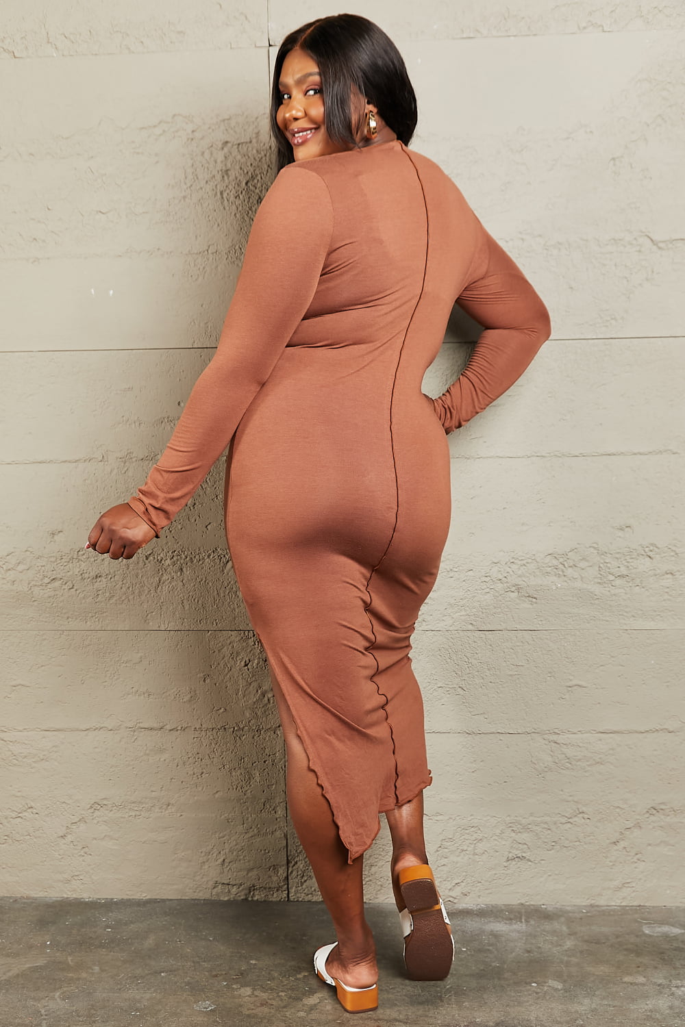 Long Sleeve Bodycon Midi Dress in CaramelMidi DressCulture Code