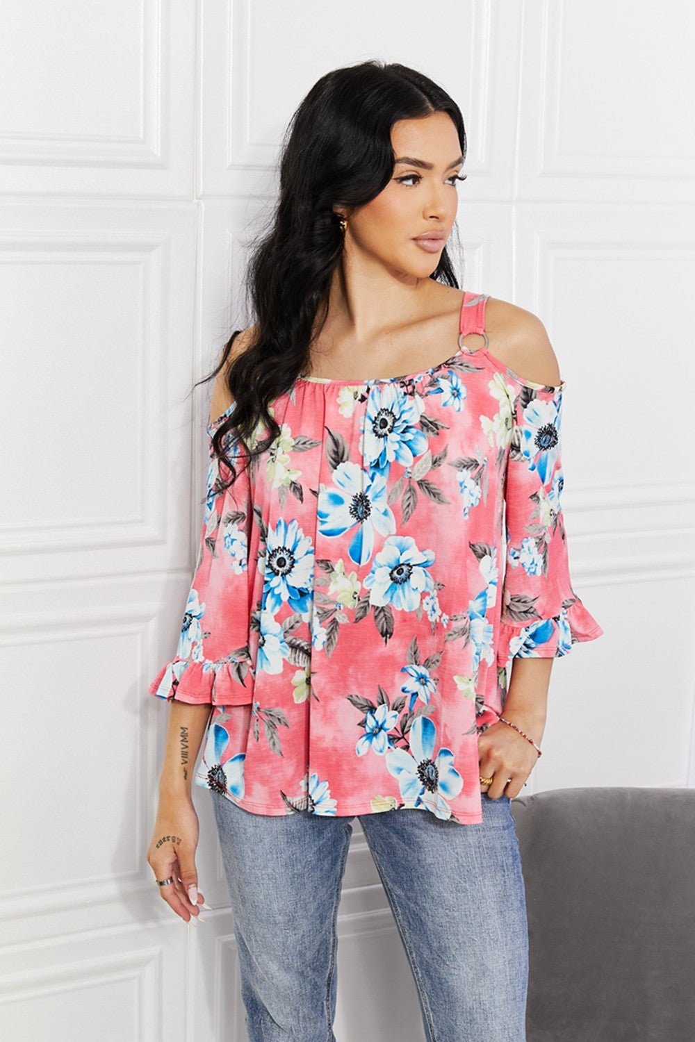 Fresh Take Floral Cold-Shoulder Top in Rouge PinkTopSew In Love