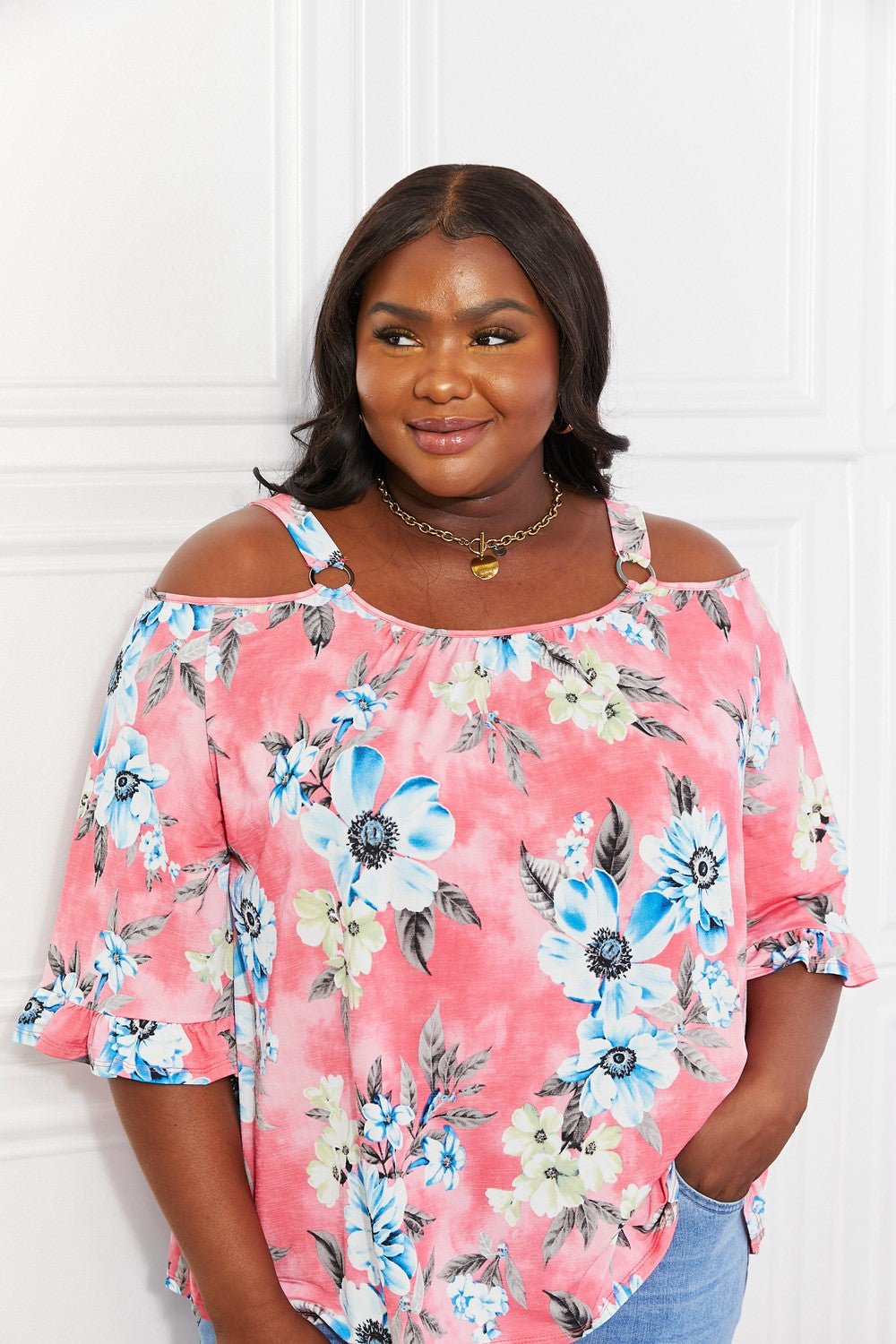 Fresh Take Floral Cold-Shoulder Top in Rouge PinkTopSew In Love