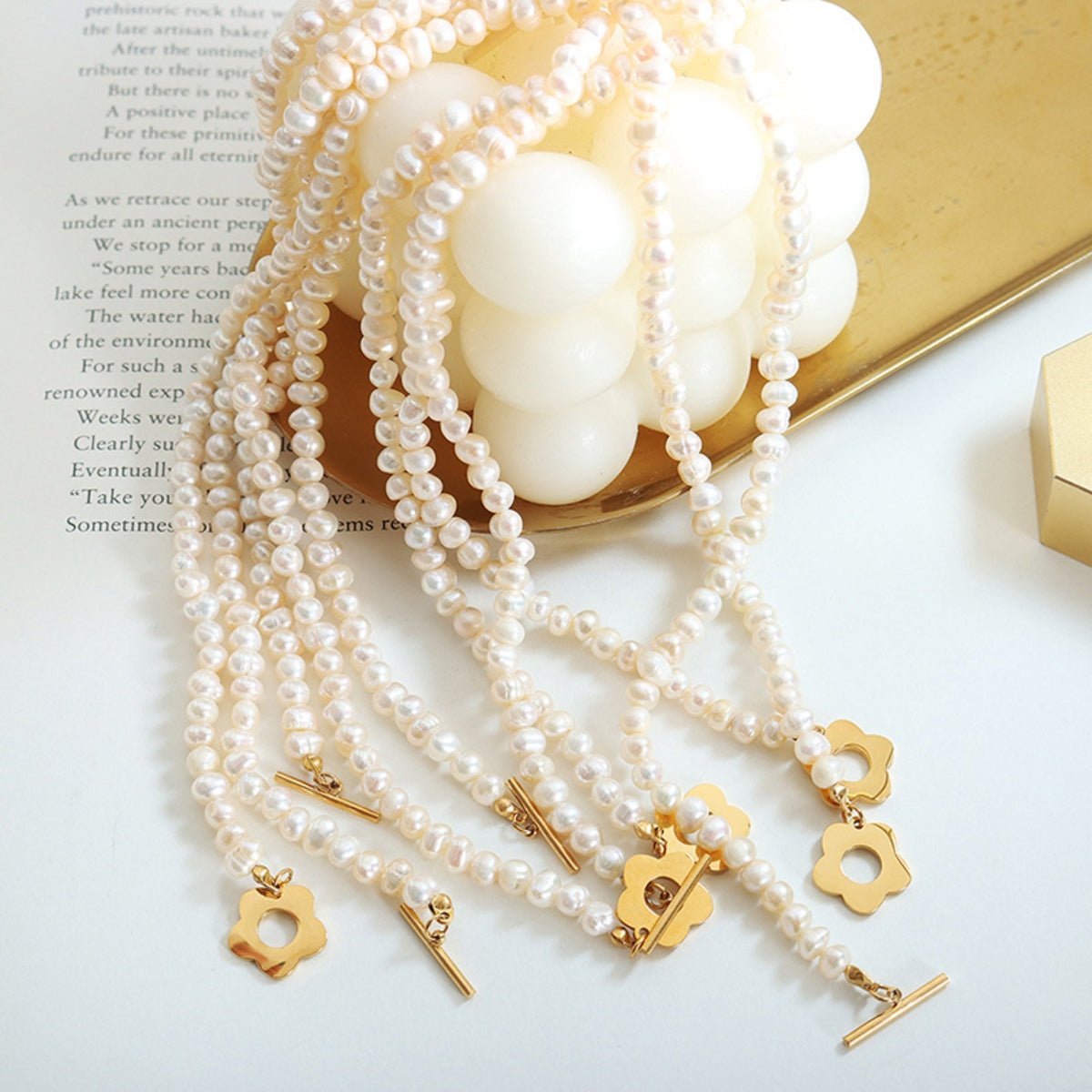 Freshwater Pearl & Gold Flower Charm NecklaceNecklaceBeach Rose Co.