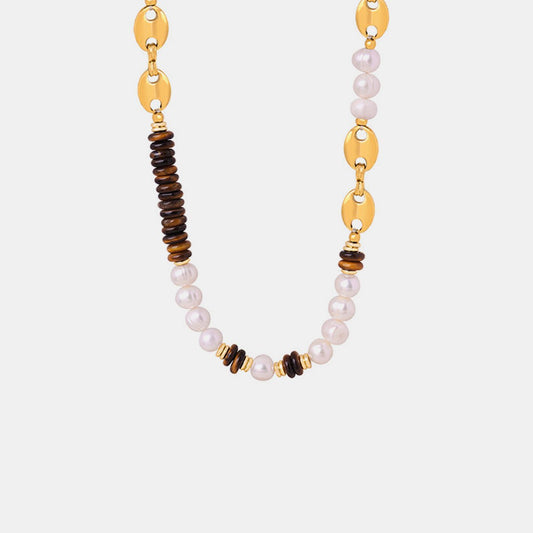 Freshwater Pearl & Tiger Eye Beaded Gold NecklaceNecklaceBeach Rose Co.