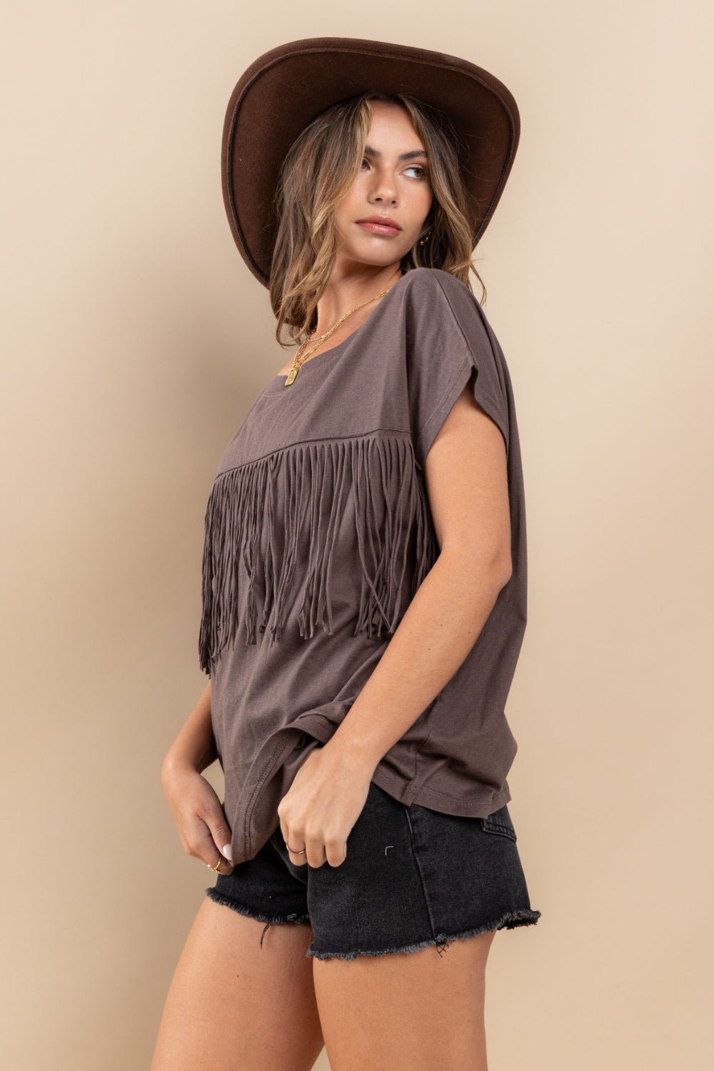 Fringe Detail Short Sleeve Top in CharcoalTopCes Femme