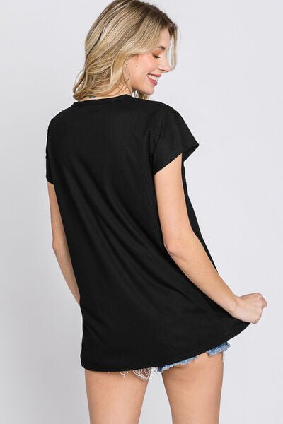 Front Button V-Neck Short Sleeve T-Shirt in BlackT-ShirtHeimish