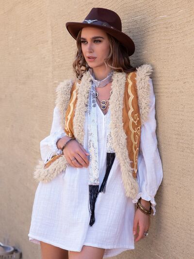 Fuzzy Open Front Vest Coat in CamelVestBeach Rose Co.