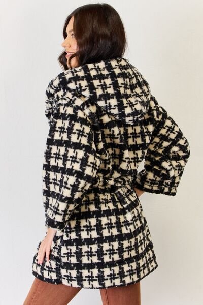 Fuzzy Plaid Waist Tie Hooded Robe Cardigan in BlackCardiganJ.NNA