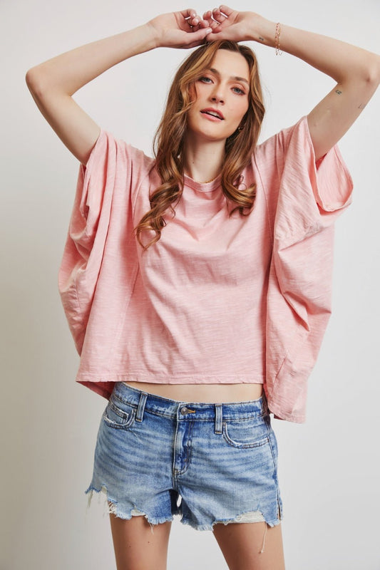 Garment-Dyed Boat Neck Oversized Top in PinkTopHEYSON