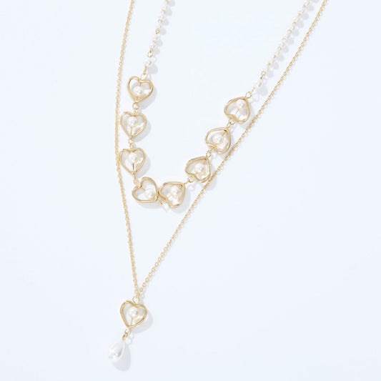 Gold Double-Layered Heart & Pearl Pendant NecklaceNecklaceBeach Rose Co.