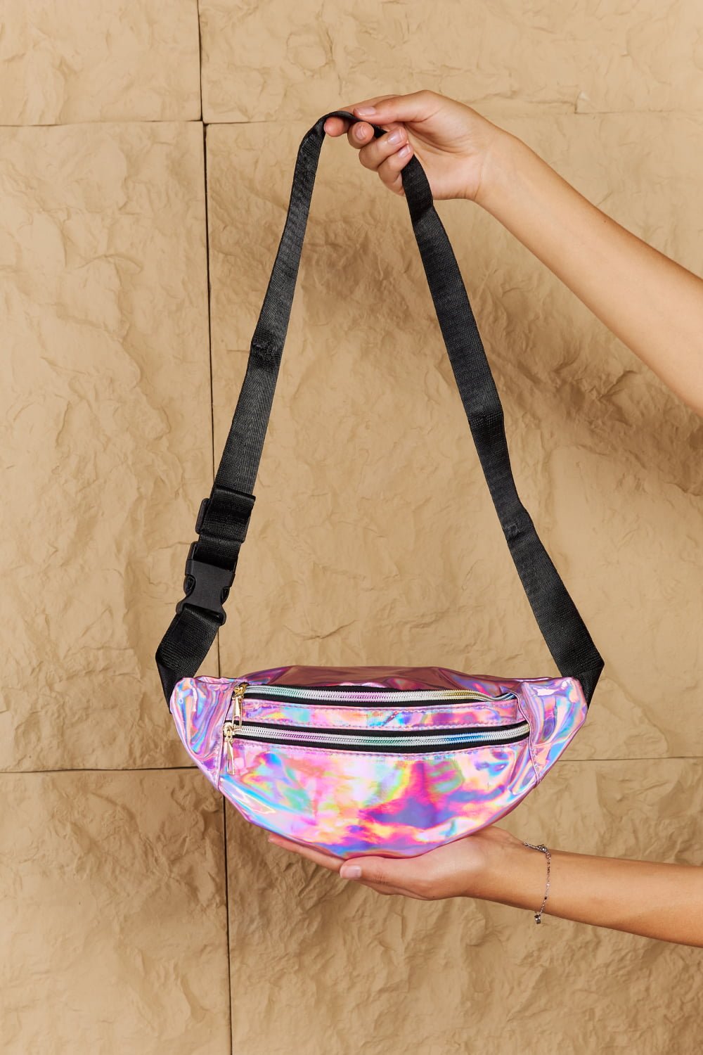 Good Vibrations Holographic Double Zipper Fanny Pack in Hot PinkSling BagFame
