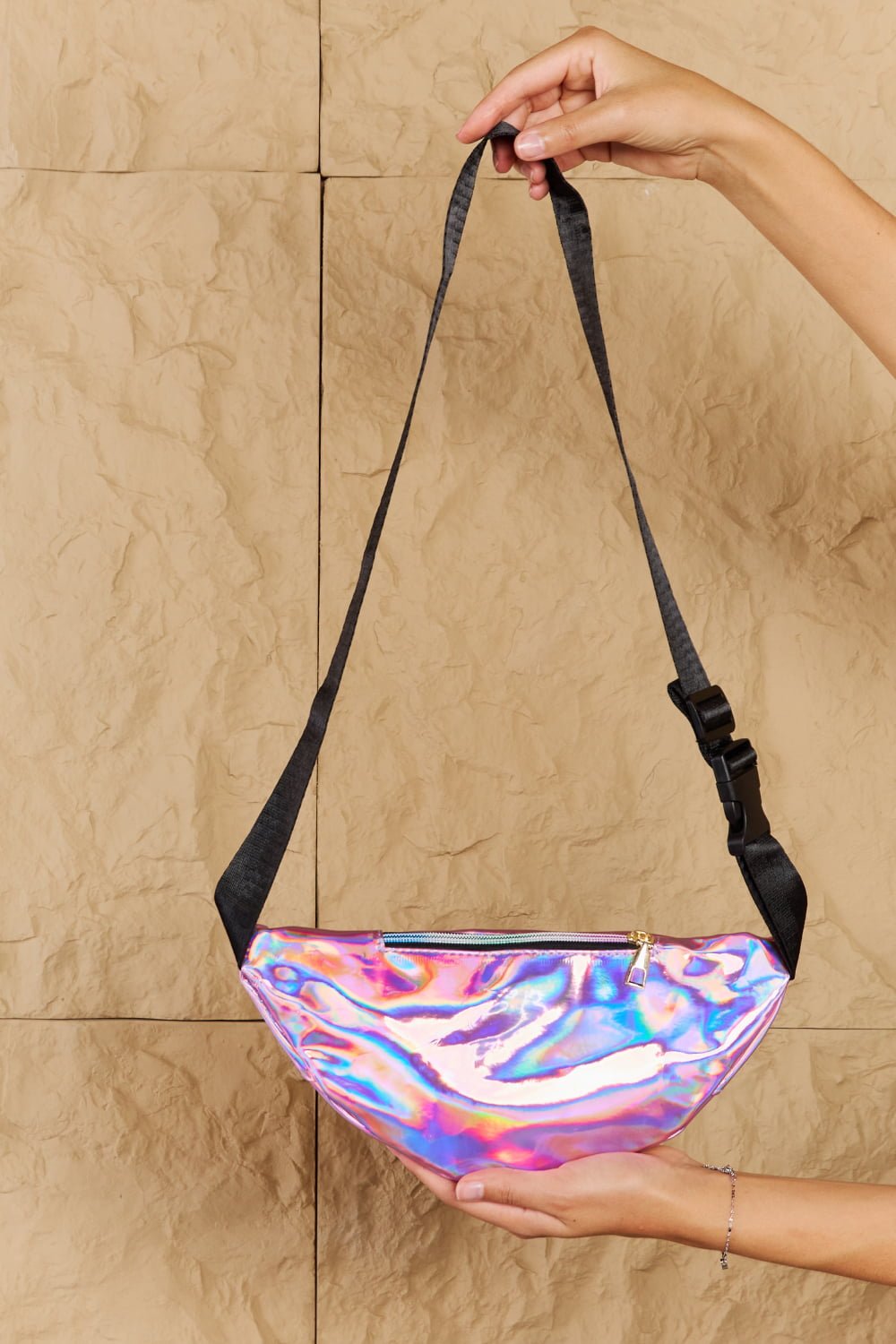 Good Vibrations Holographic Double Zipper Fanny Pack in Hot PinkSling BagFame