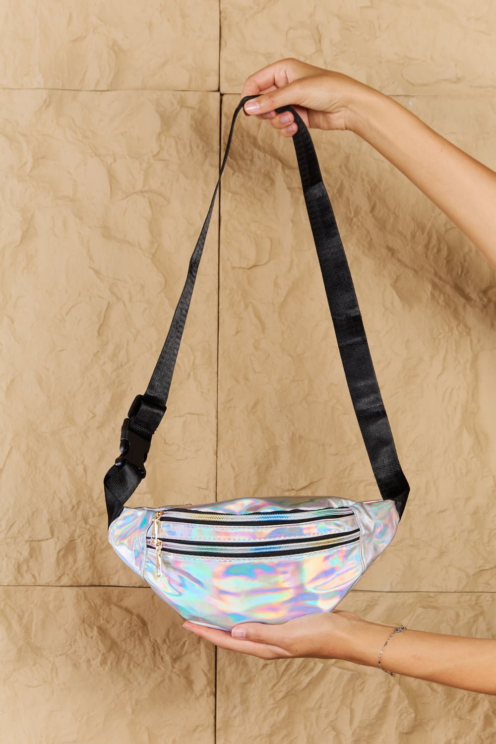 Good Vibrations Holographic Double Zipper Fanny Pack in SilverSling BagFame