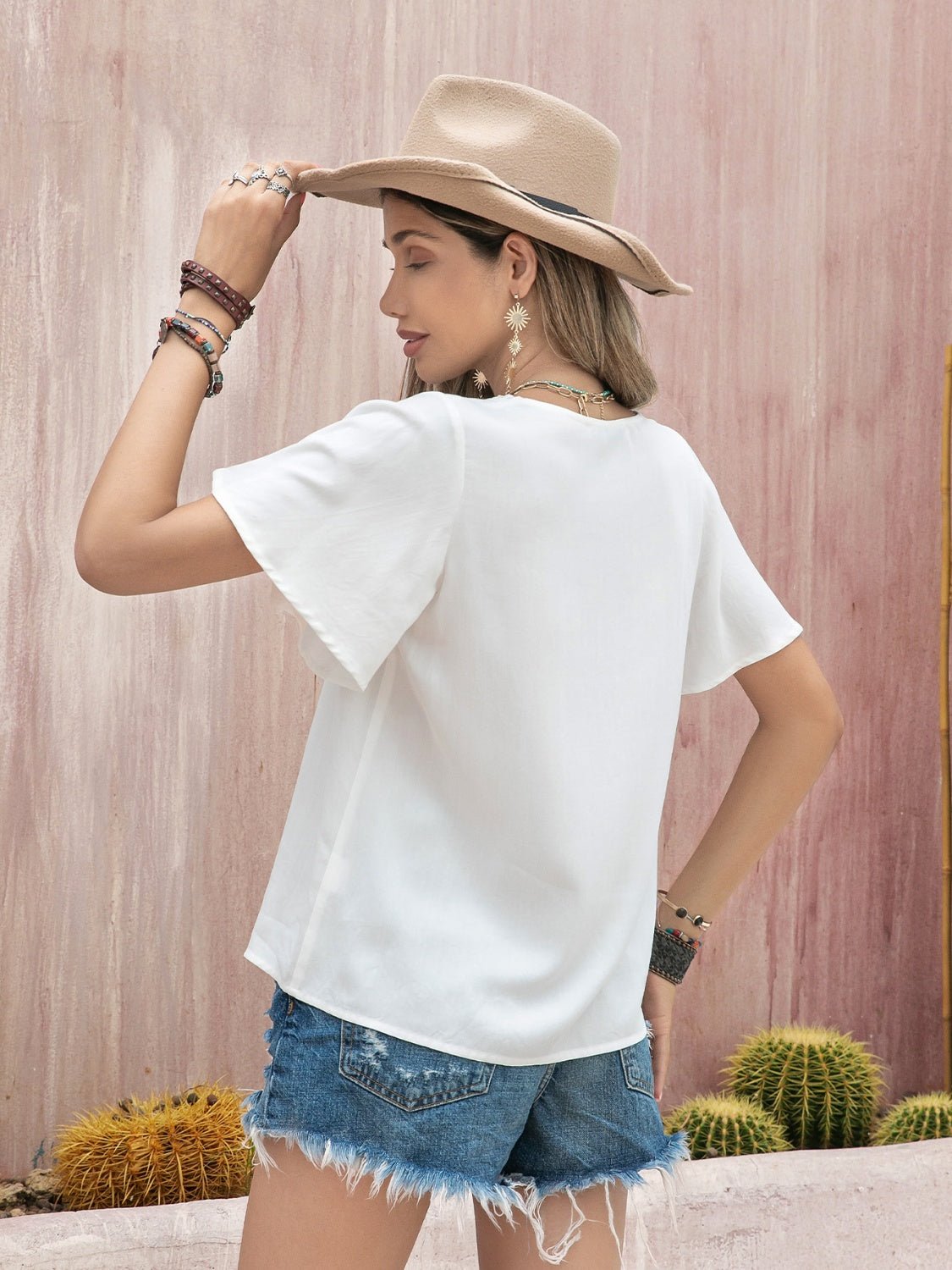 Graphic V-Neck Flutter Sleeve T-Shirt in WhiteT-ShirtBeach Rose Co.