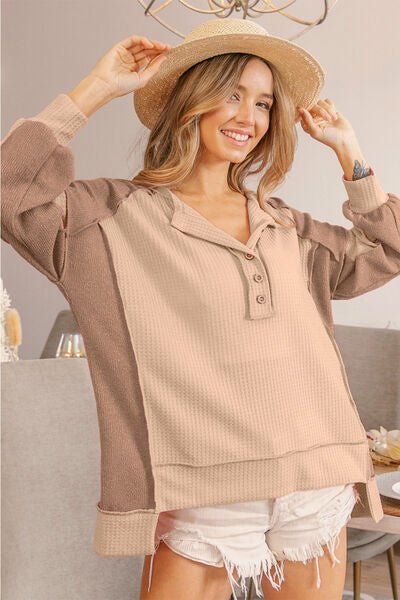 Half Button Exposed Seam Contrast Waffle Top in OatmealTopBiBi