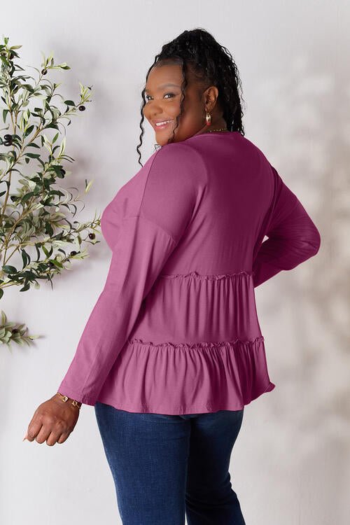 Half Button Long Sleeve Ruffle Hem BlouseBlouseDouble Take