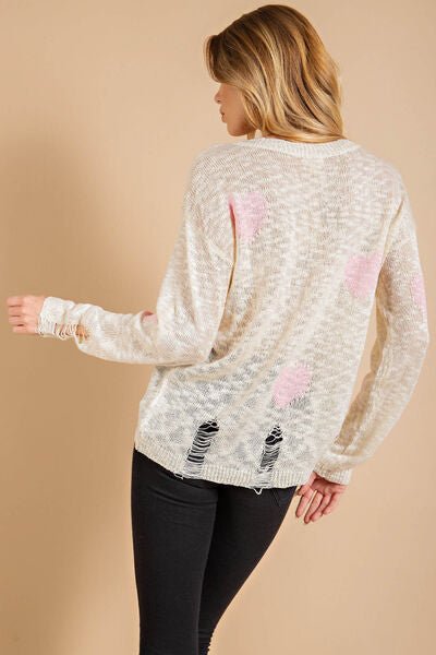 Heart Pattern Distressed Sweater in Pink/CreamSweaterKori America