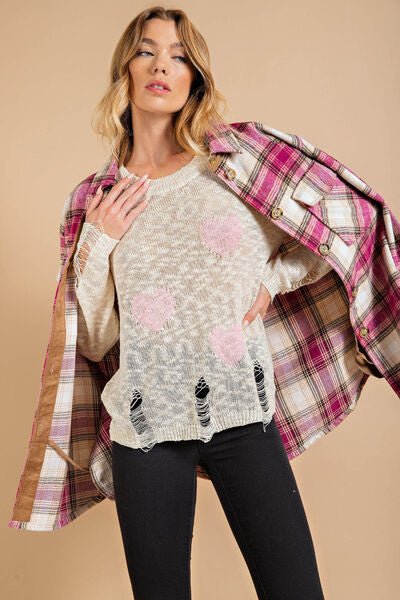 Heart Pattern Distressed Sweater in Pink/CreamSweaterKori America