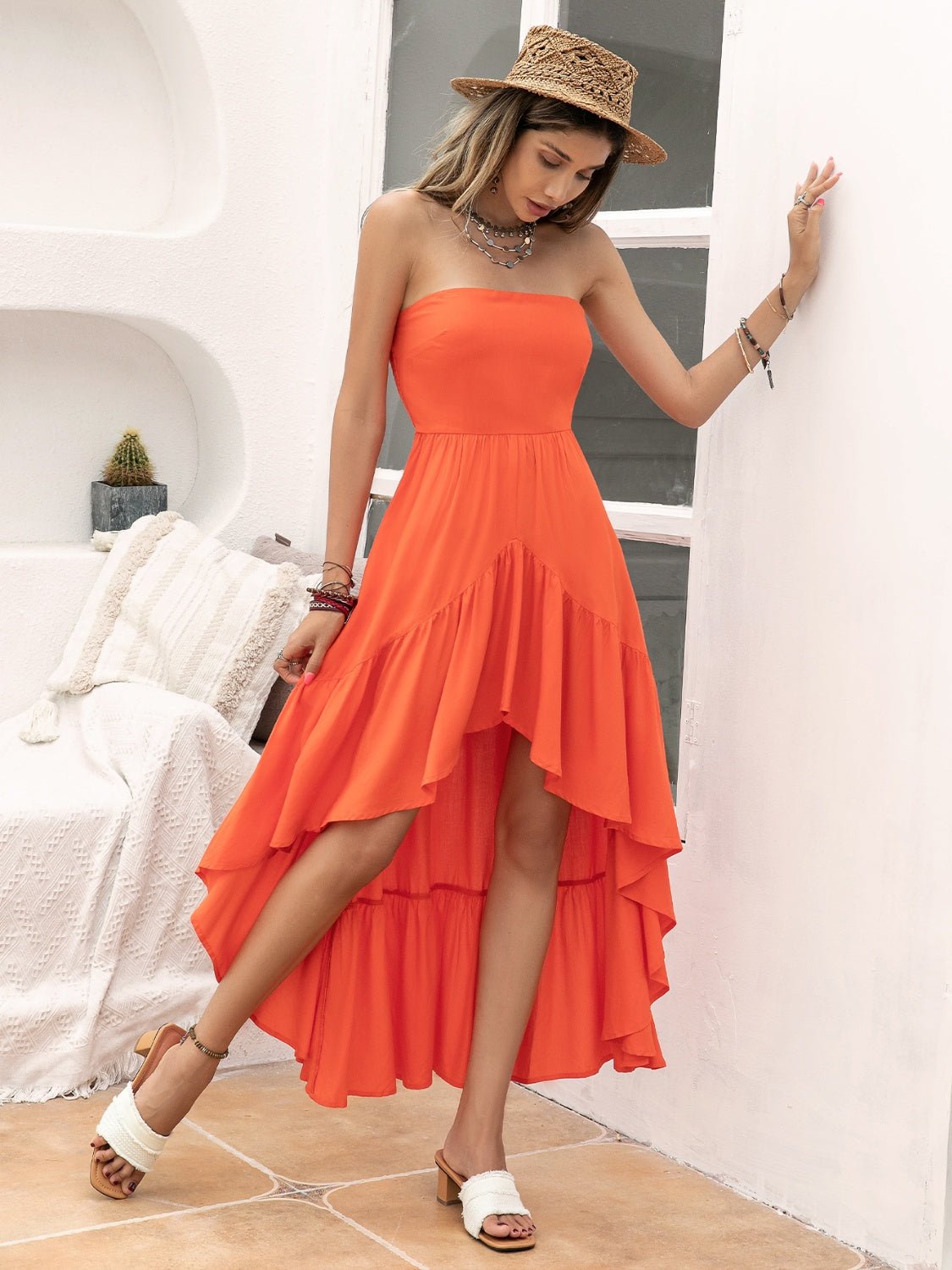 High-Low Ruched Tube Midi Dress in OrangeMidi DressBeach Rose Co.