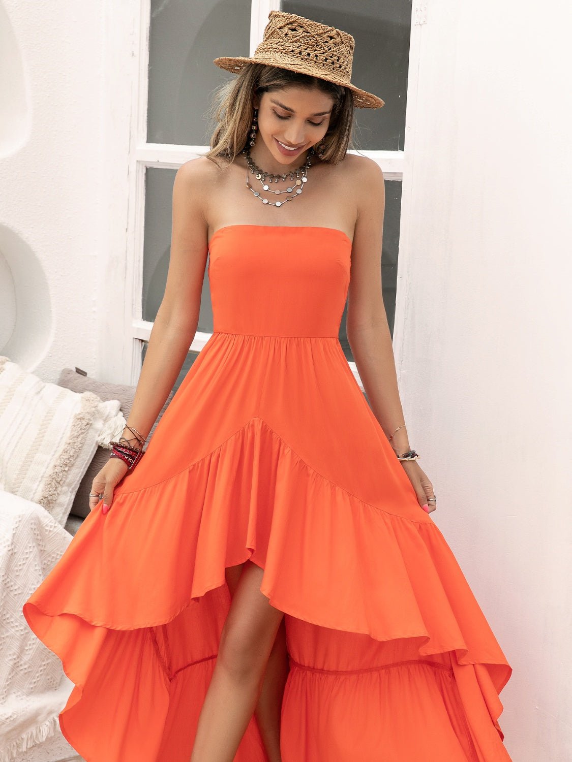 High-Low Ruched Tube Midi Dress in OrangeMidi DressBeach Rose Co.