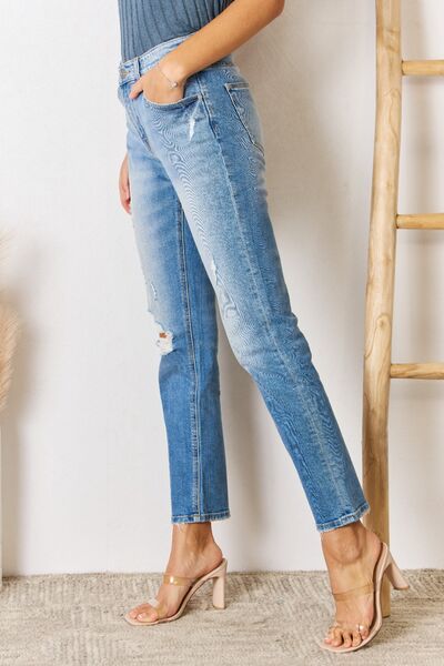 High Rise Distressed Slim Fit Straight Leg Medium Wash JeansJeansKancan