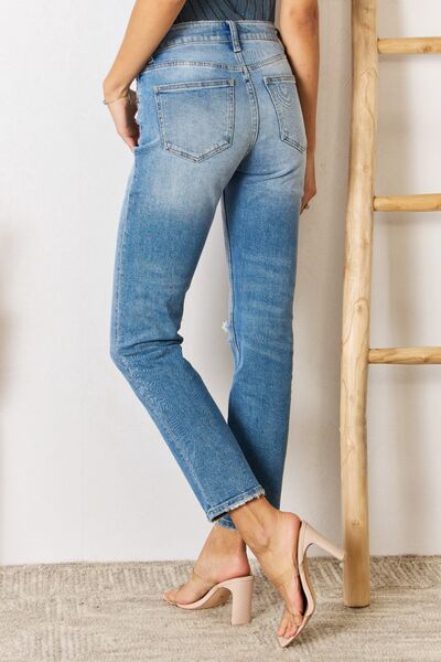High Rise Distressed Slim Fit Straight Leg Medium Wash JeansJeansKancan