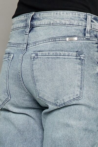High Waist Button Fly Raw Hem Cropped Straight Leg Light Wash JeansJeansKancan