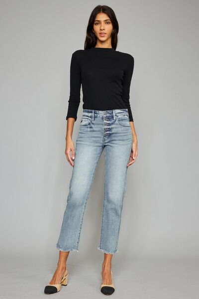 High Waist Button Fly Raw Hem Cropped Straight Leg Light Wash JeansJeansKancan