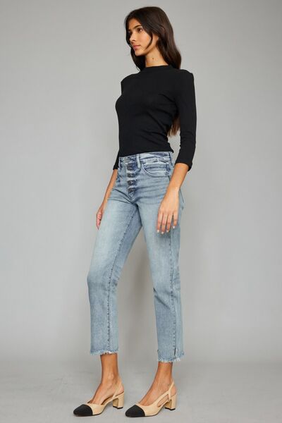 High Waist Button Fly Raw Hem Cropped Straight Leg Light Wash JeansJeansKancan