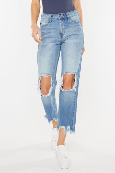 High Waist Chewed Up Straight Leg Medium Wash Mom JeansJeansKancan