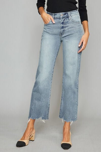 High Waist Raw Hem Cropped Wide Leg Light Wash JeansJeansKancan