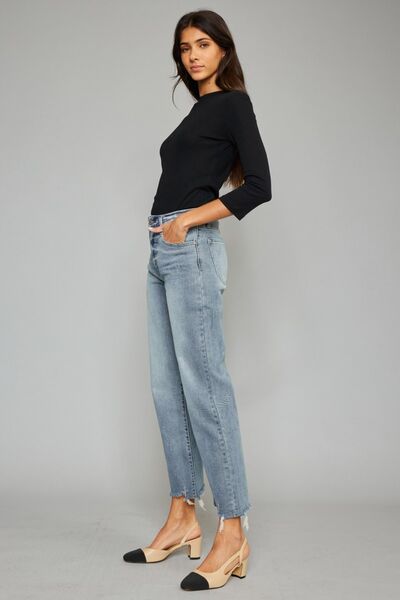 High Waist Raw Hem Cropped Wide Leg Light Wash JeansJeansKancan