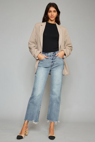 High Waist Raw Hem Cropped Wide Leg Light Wash JeansJeansKancan