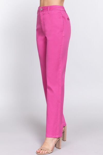 High Waist Straight Leg Twill Pants in PinkPantsACTIVE BASIC