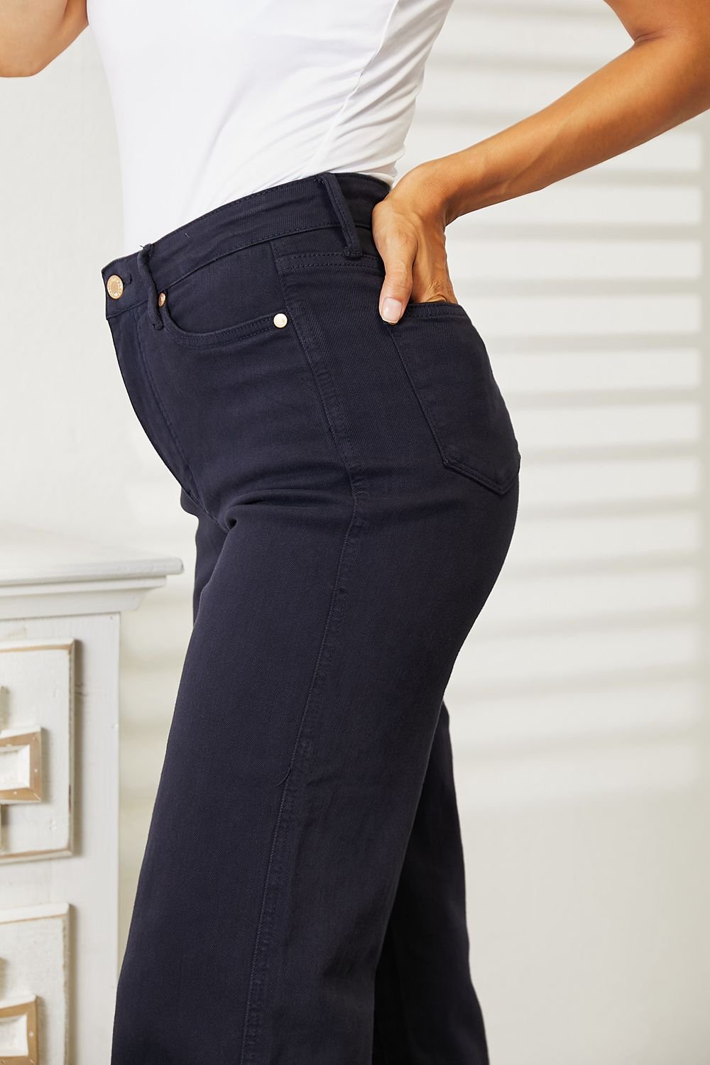 High Waist Tummy Control Garment Dyed Wide Cropped Jeans in Navy BlueJeansJudy Blue