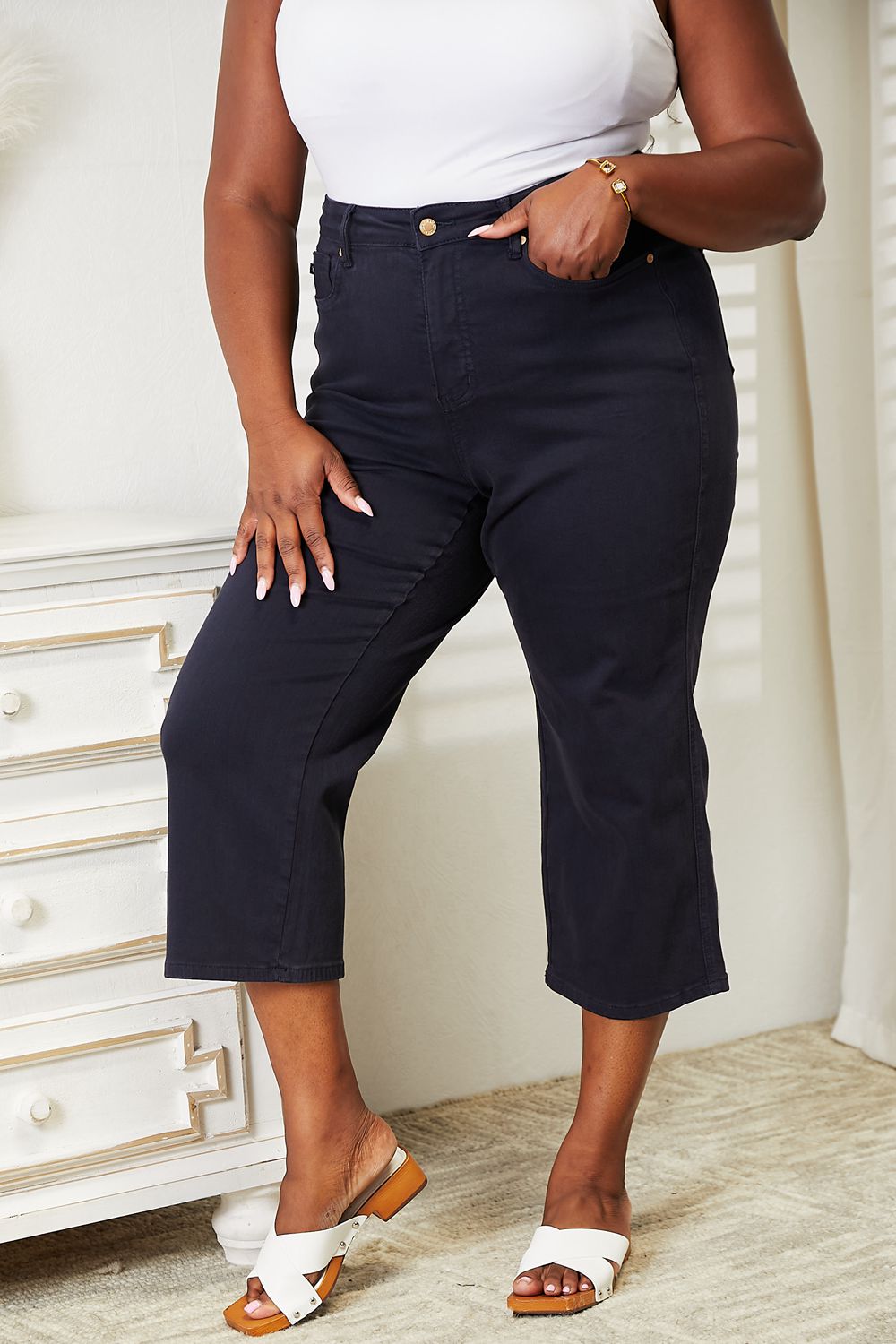High Waist Tummy Control Garment Dyed Wide Cropped Jeans in Navy BlueJeansJudy Blue