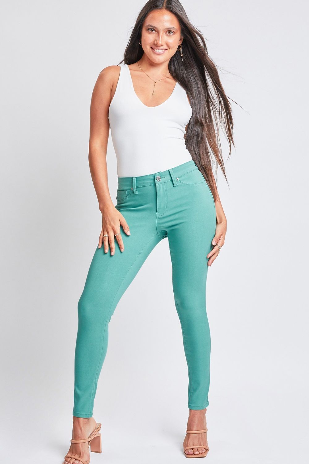 Hyper-Stretch Mid-Rise Skinny Jeans in Sea GreenJeansYMI Jeanswear