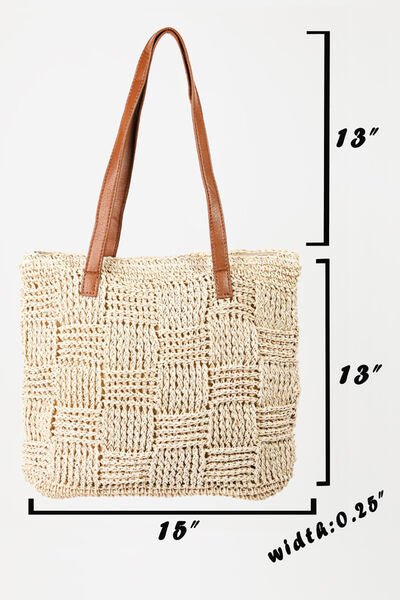 Ivory Braided Straw Tote Bag with Vegan Leather StrapTote BagFame