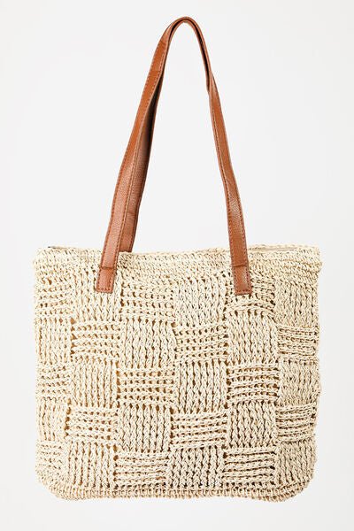 Ivory Braided Straw Tote Bag with Vegan Leather StrapTote BagFame